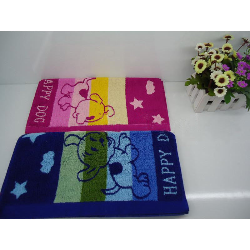 1-Happy Dog 100% Cotton Towel, 2 pieces 34x75cm (Random colors: Purple Red, Royal Blue)