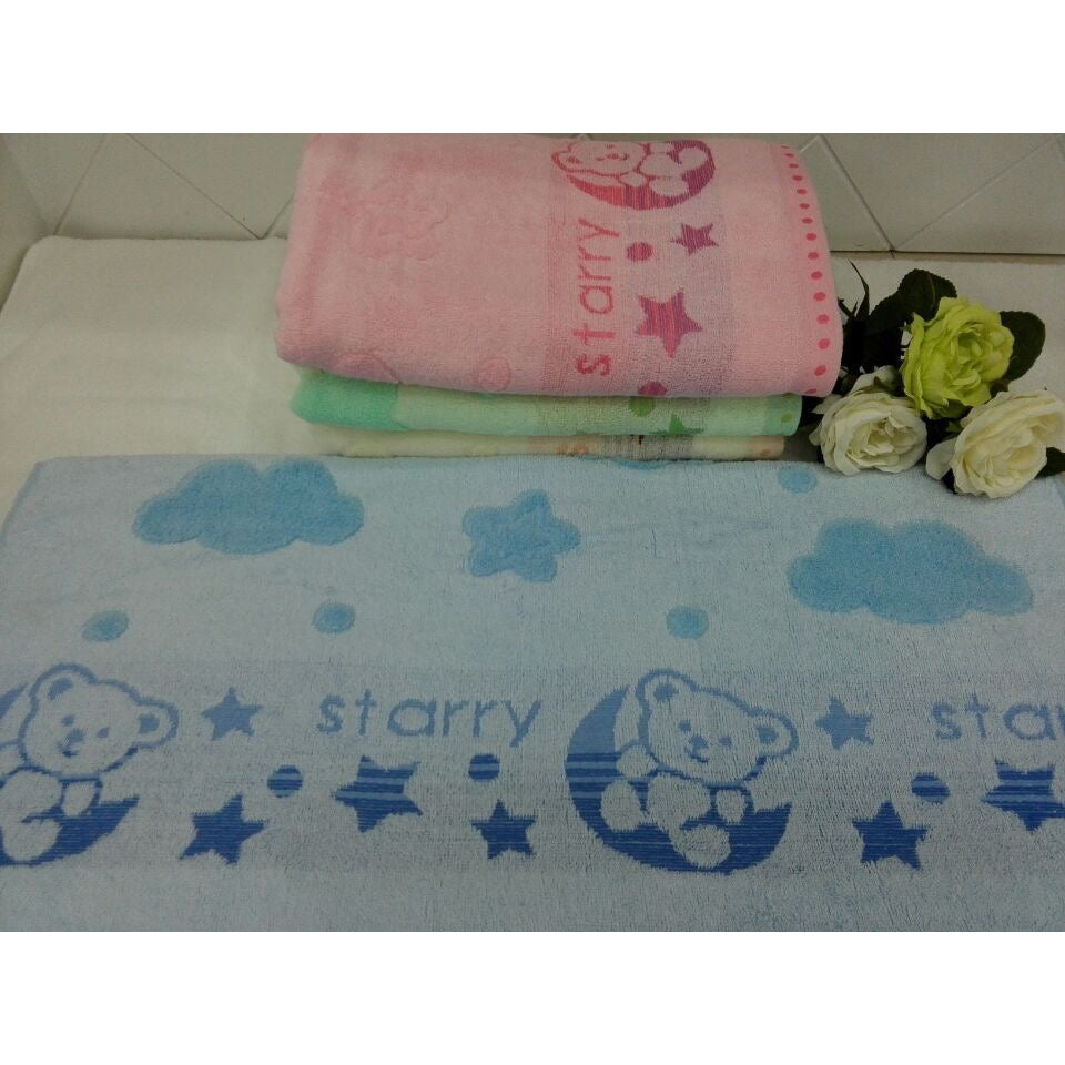 1-Starry Sky Bear 100% Cotton Bath Towel, 70x140cm (Randomly sent: beige; pink; green)