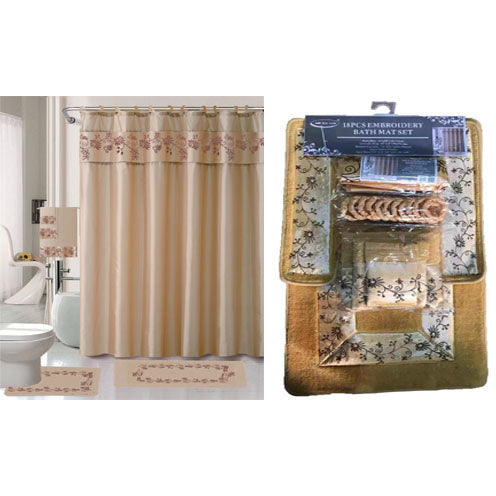 1-#1410-gold, 18 PC embroidered bath mat set