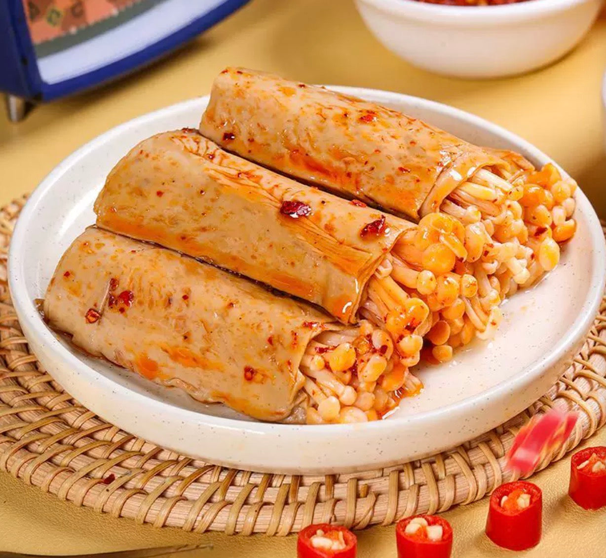 1- Chuan A Po Stuffed Bean Rolls Enoki Mushroom Kelp King Oyster Mushroom Ready to Eat