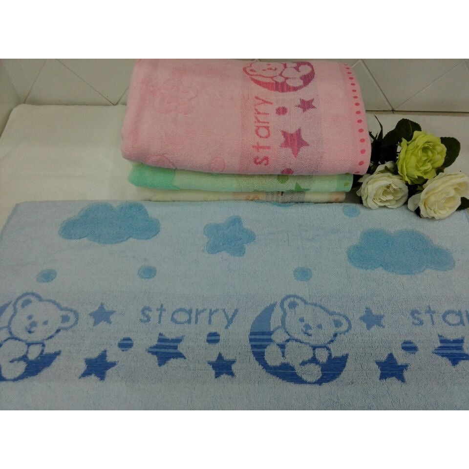 1-Starry Sky Bear Cotton Bath Towel, 70x140cm (Random delivery: beige; pink; Green)