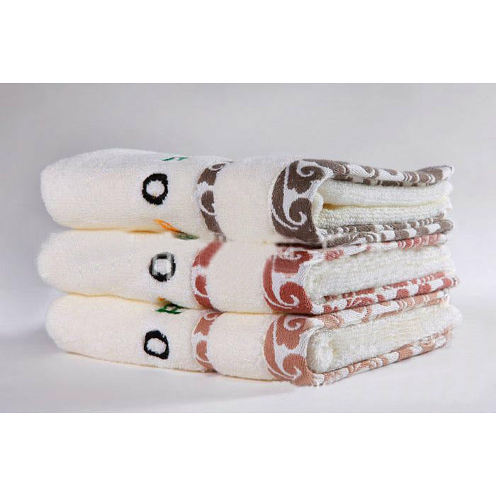 1-Cotton towel with sports satin edge, 2 pieces 34x75cm (random hair: milky white, gray, gold, brown)