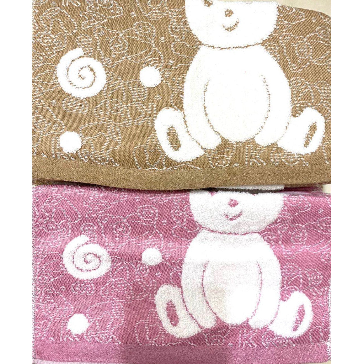 1-Happy Bear Cotton Towel 2pcs 34x75cm (Khaki, Pink)-Random