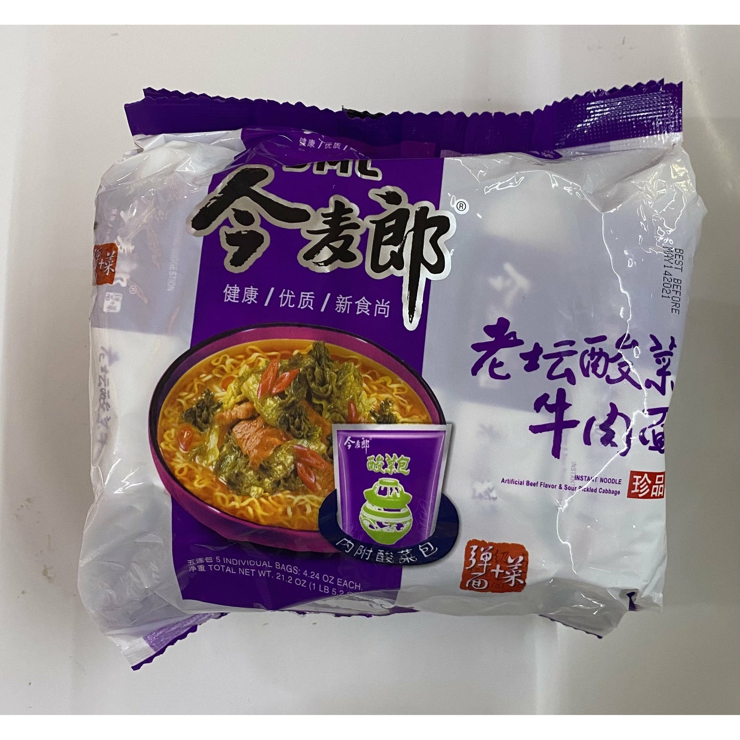 1-Jinmailang－Laotan Sauerkraut Beef Noodles 4.24oz X 5 packs